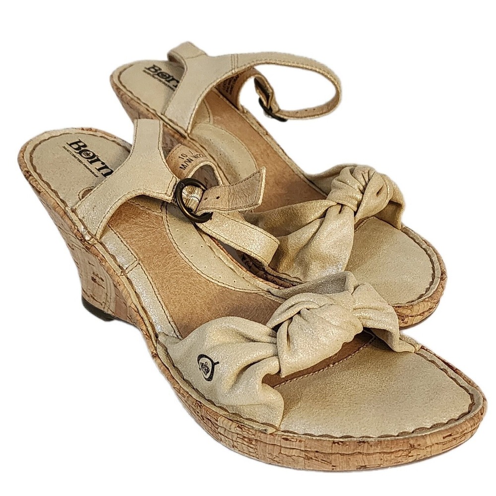 Born Lady Shoes Cork Wedge Knot Bow Open Toe Back Strap Leather Shimmer Gold/Tan